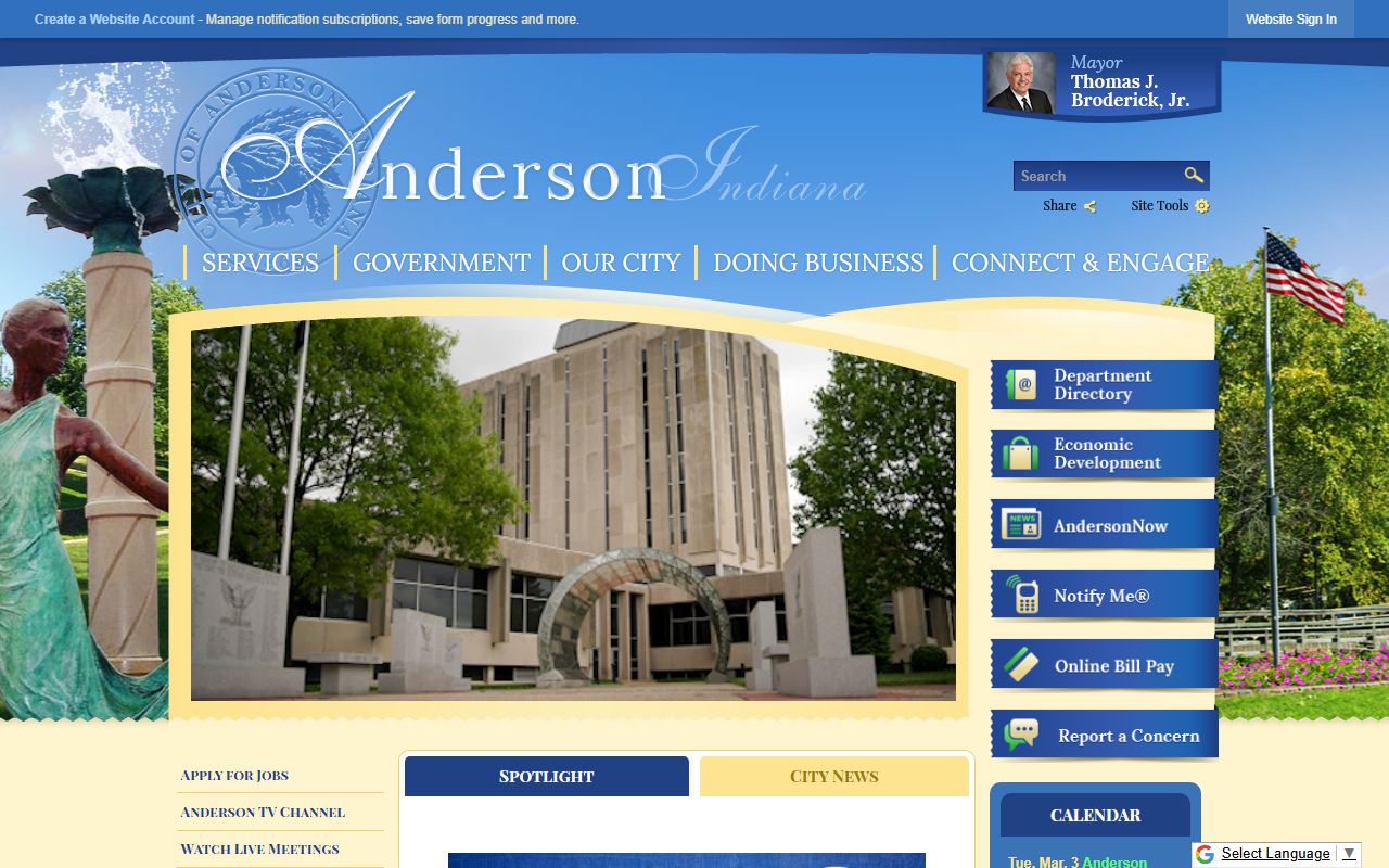 Anderson city website showing government resources and public services