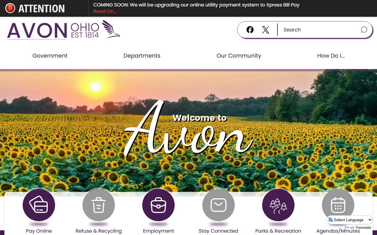 Avon town website with departments and public services