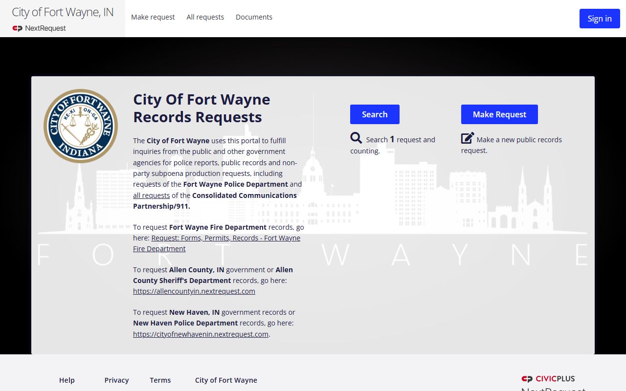 Fort Wayne NextRequest public records portal for people search requests
