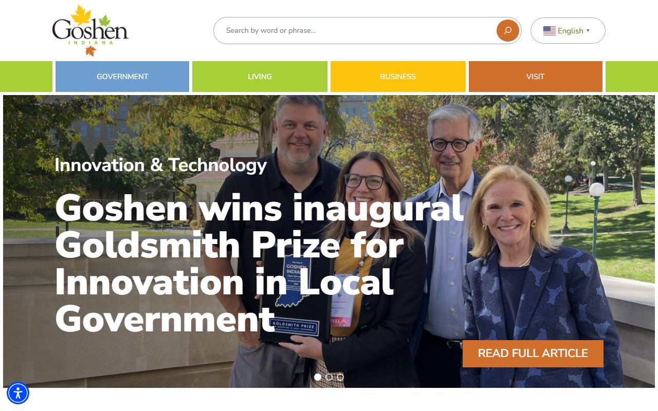 Goshen city government portal with links to departments and public records