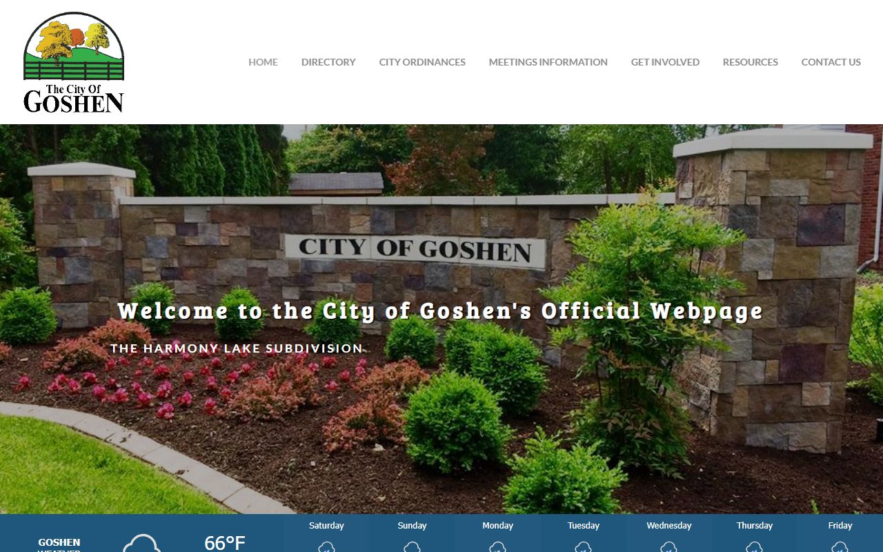 Goshen city website showing department contacts and service information