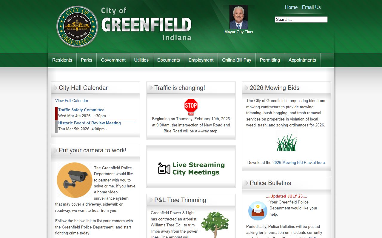 Greenfield city government portal showing departments and services
