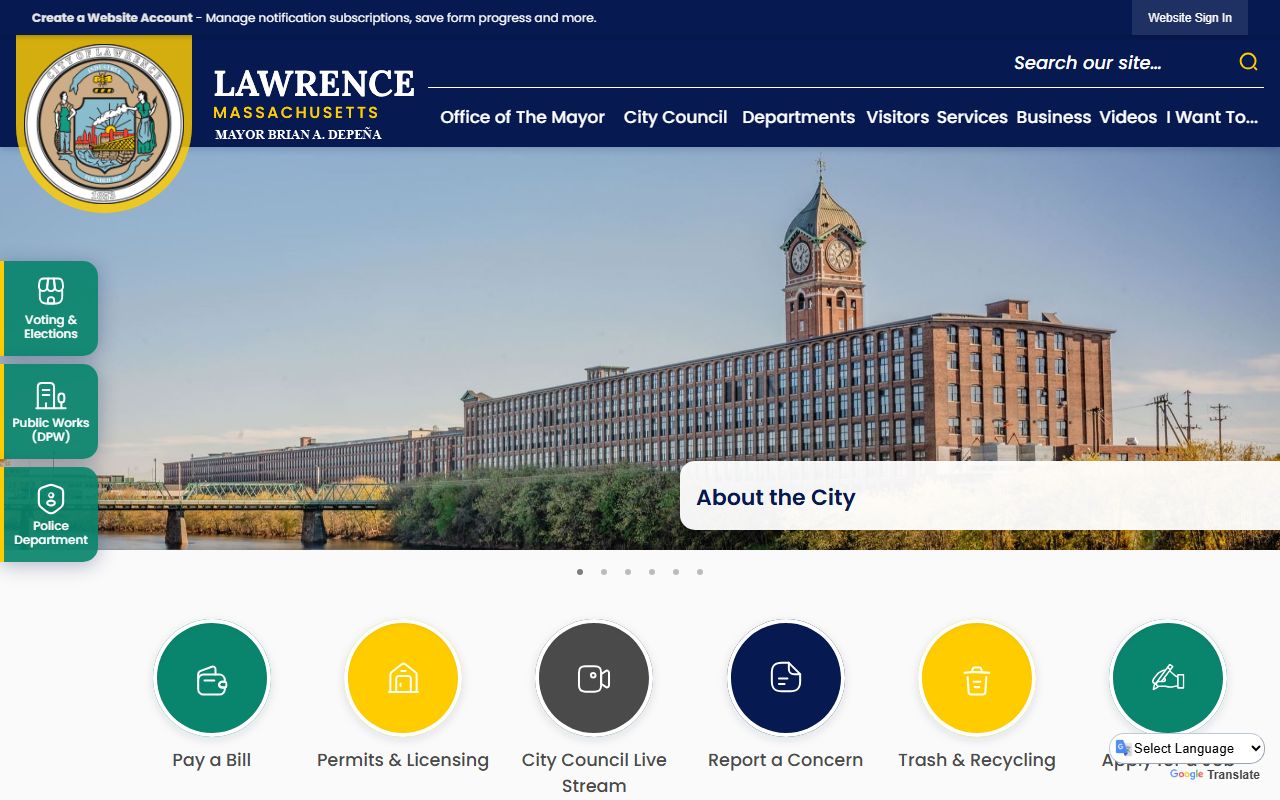 Lawrence city website showing government departments and services