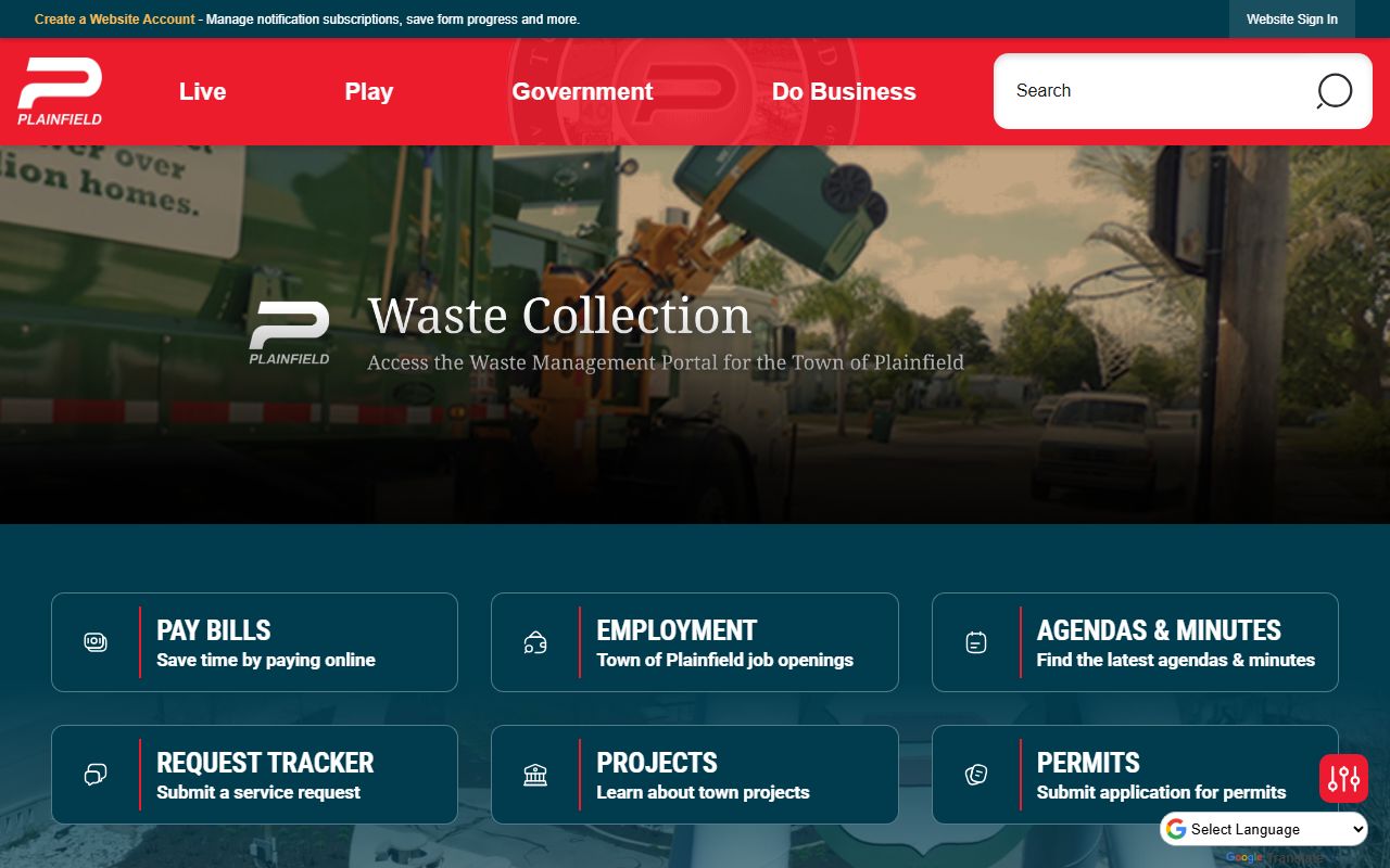 Plainfield town website portal with links to government records and services