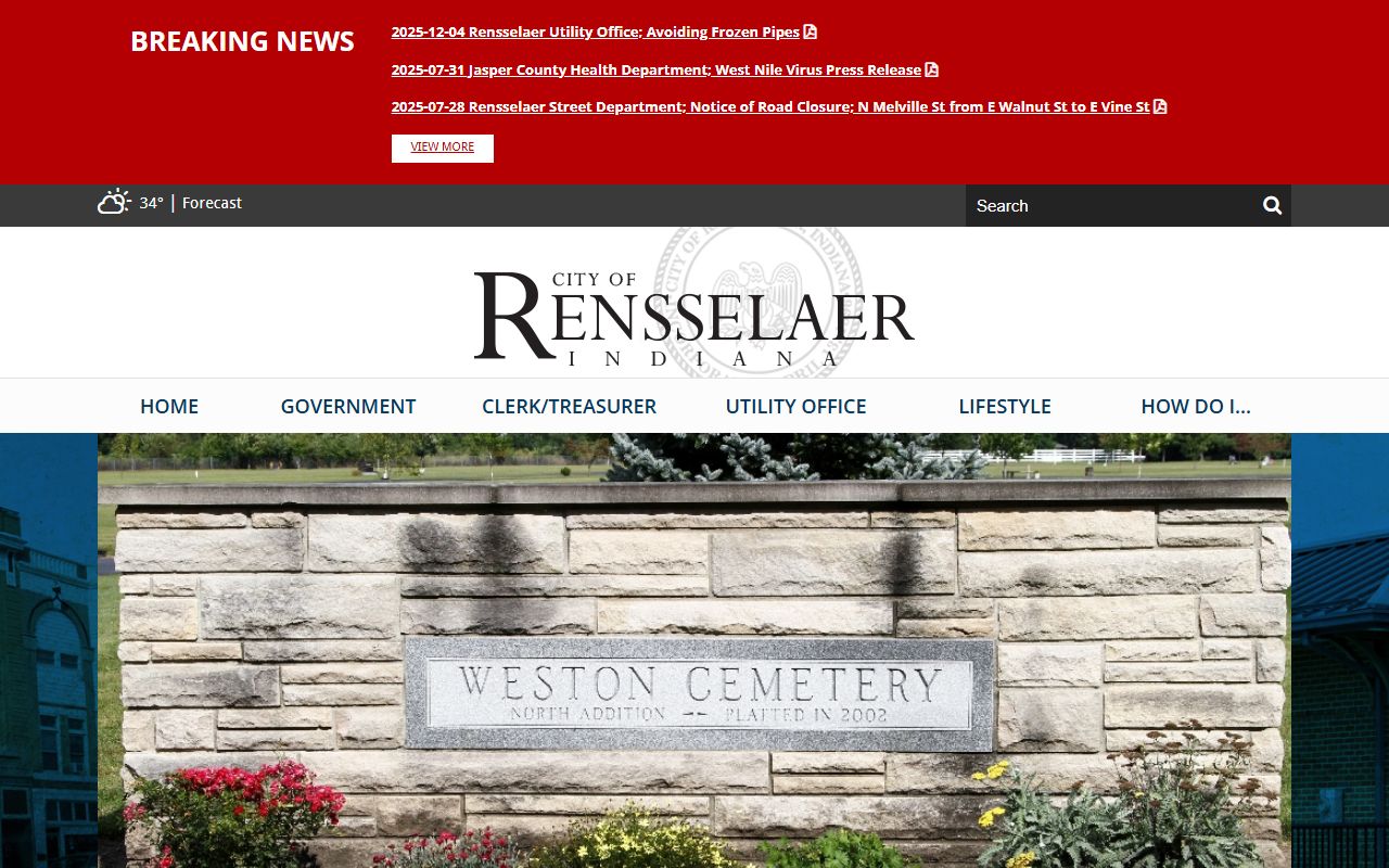 Rensselaer city website showing government services and public resources