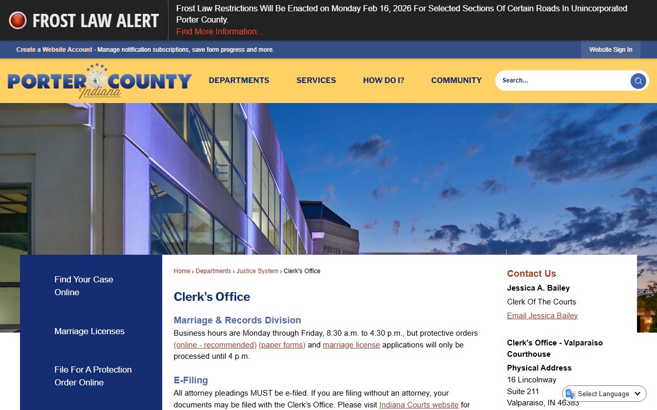 Porter County Clerk's Office website for people search records