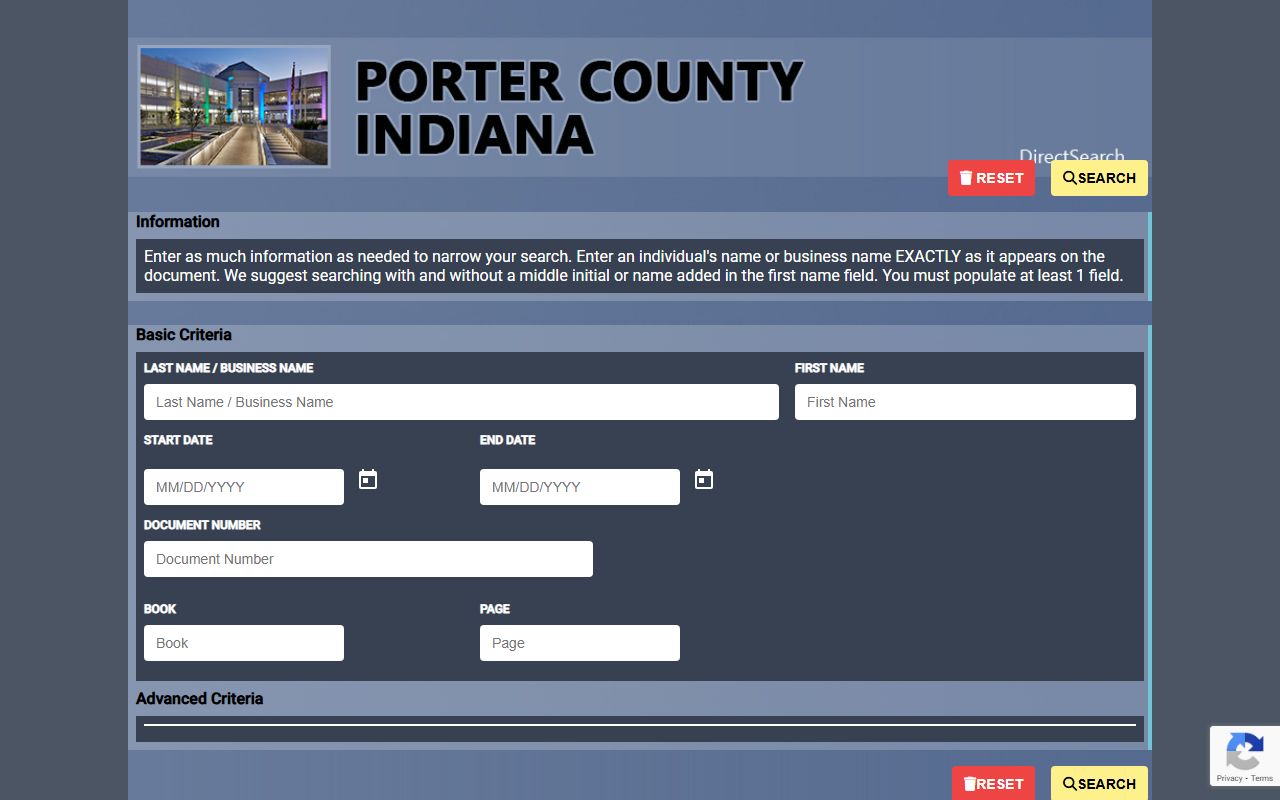 Porter County Fidlar DirectSearch for free land records lookup