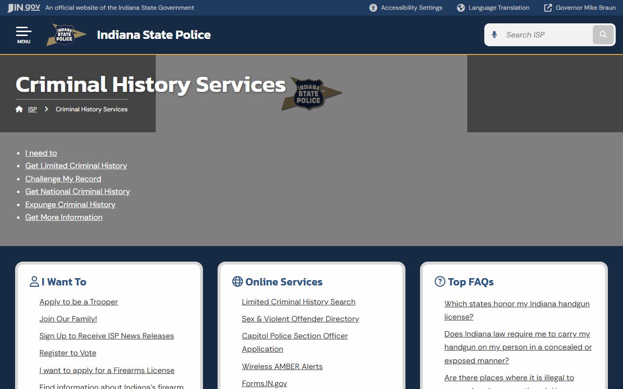 Indiana State Police criminal history people search service
